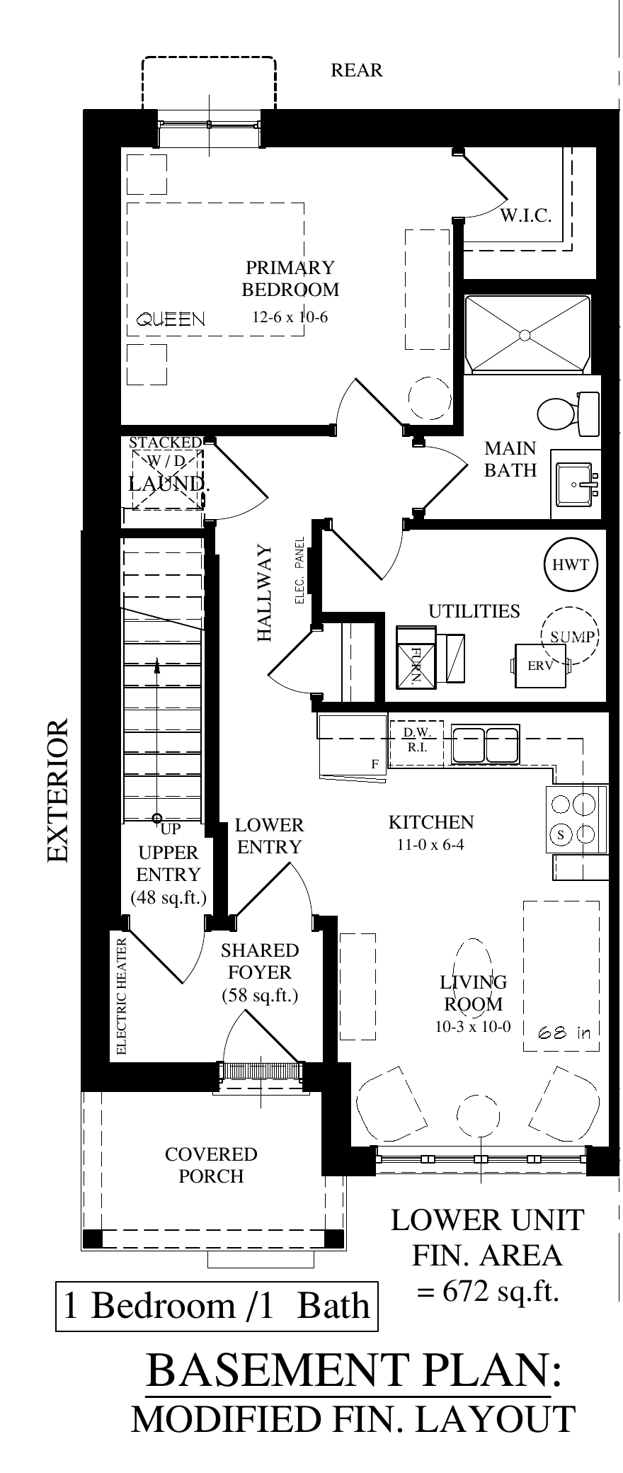 ADU basement apartment floorplan — 1 bedroom, 1 bath, 672 sq.ft. lower suite with private entry, kitchen and laundry